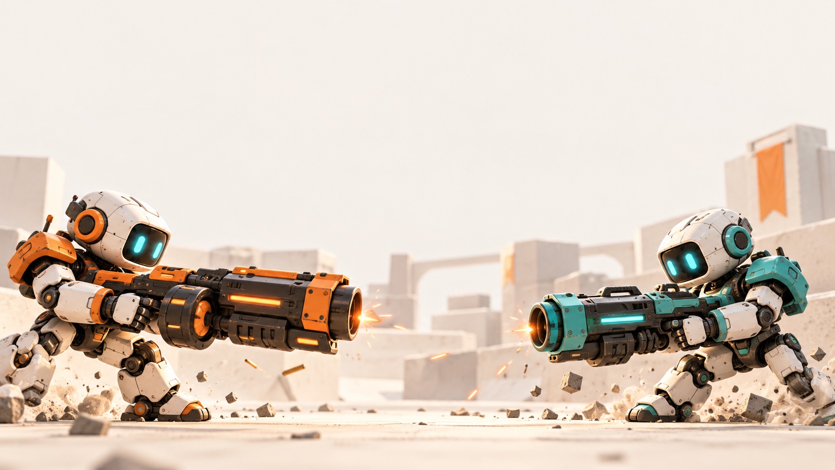 Illustration of two rival robots with orange and teal armor wielding oversized blasters